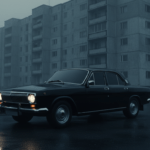 Automóvil soviético Volga negro circulando frente a edificios brutalistas durante la Guerra Fría, leyenda urbana Czarna Wołga.