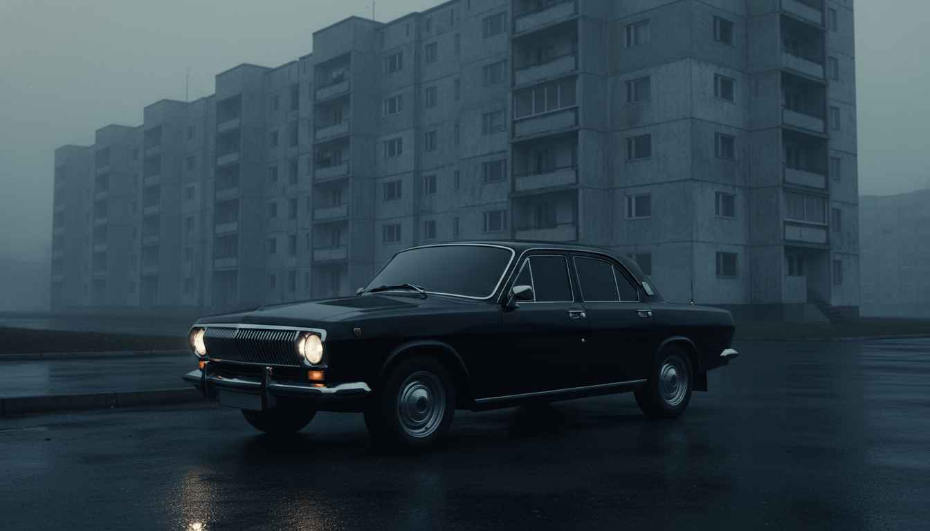 Automóvil soviético Volga negro circulando frente a edificios brutalistas durante la Guerra Fría, leyenda urbana Czarna Wołga.