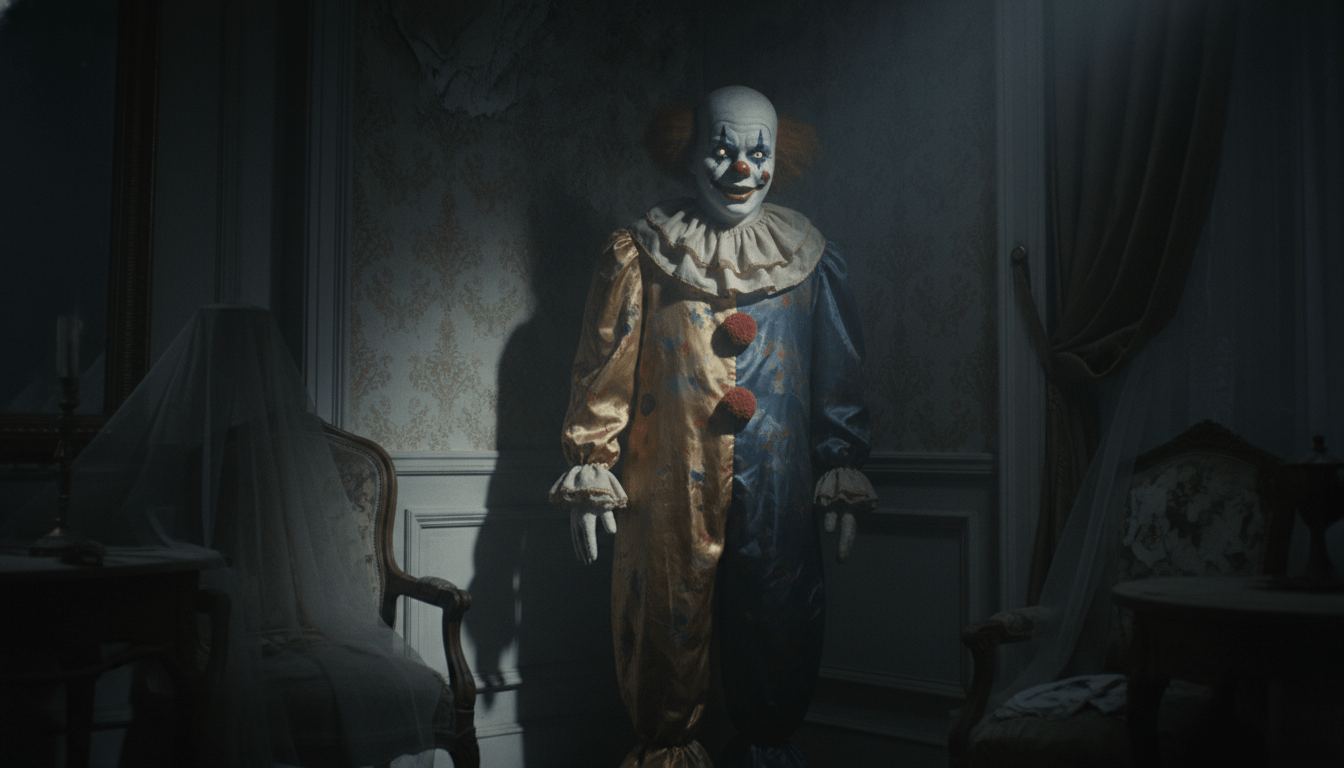 Estatua de payaso de tamaño natural en una habitación oscura, representando la leyenda urbana de terror doméstico.