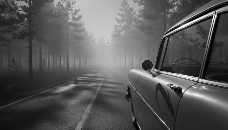 Escena nocturna de un coche clásico de los años 50 en un bosque neblinoso recreando la leyenda urbana del hombre del garfio.