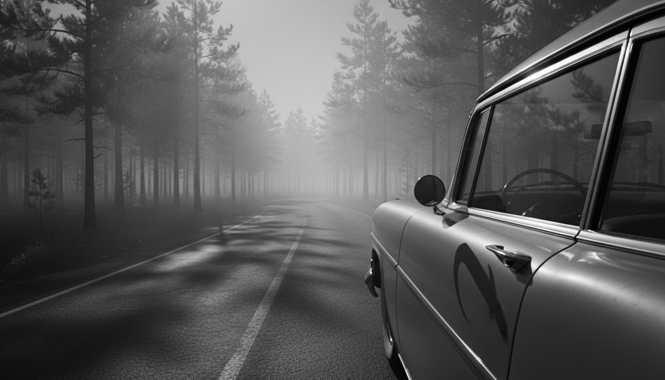 Escena nocturna de un coche clásico de los años 50 en un bosque neblinoso recreando la leyenda urbana del hombre del garfio.