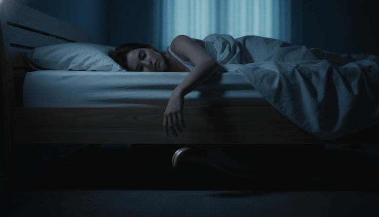 Ilustración hiperrealista de la leyenda urbana de la mano lamida bajo la cama en un dormitorio oscuro