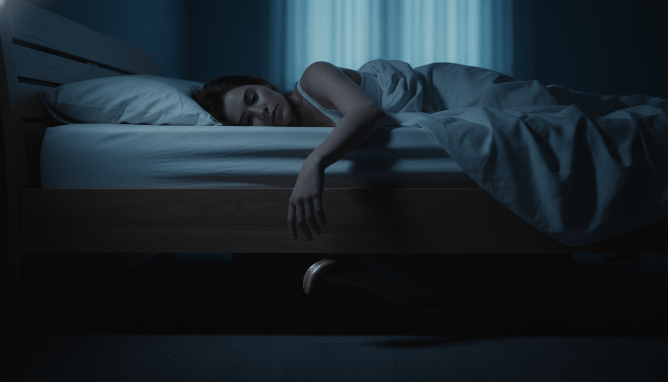 Ilustración hiperrealista de la leyenda urbana de la mano lamida bajo la cama en un dormitorio oscuro