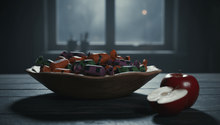 Primer plano cinematográfico de dulces de Halloween y una manzana bajo luz dramática, representando el mito de la histeria colectiva y las leyendas urbanas.