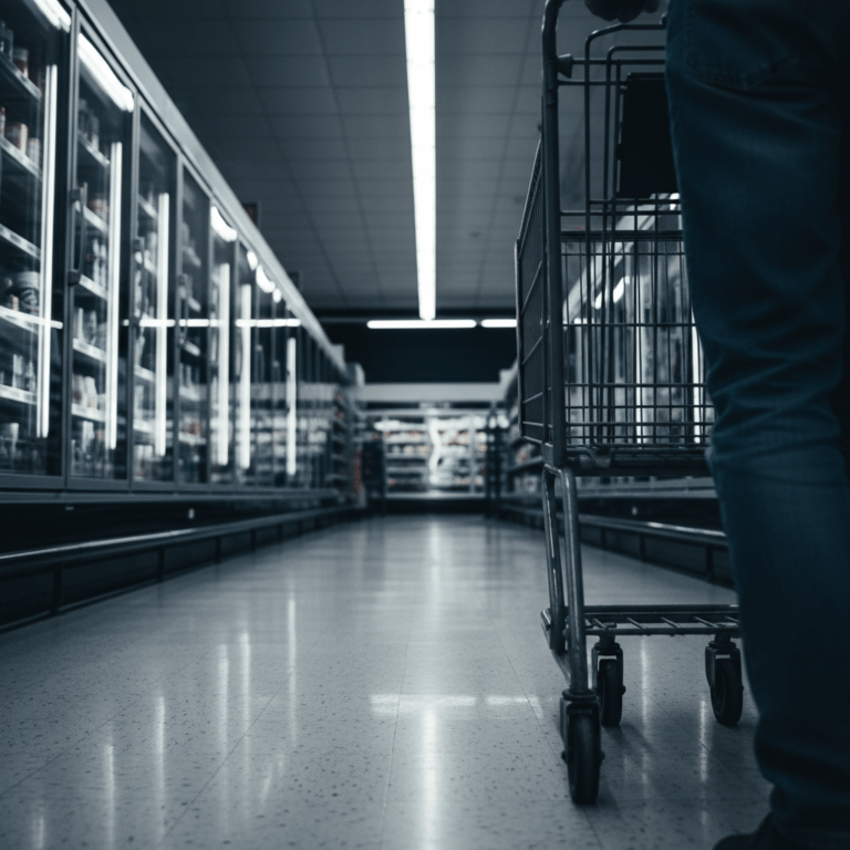 Pasillo de lácteos de un supermercado solitario con iluminación fría y atmósfera de misterio, representando leyendas urbanas.