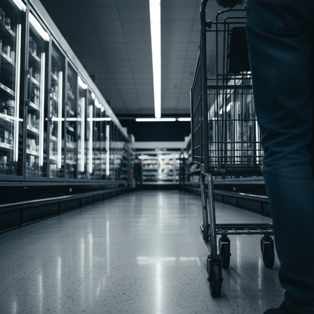 Pasillo de lácteos de un supermercado solitario con iluminación fría y atmósfera de misterio, representando leyendas urbanas.