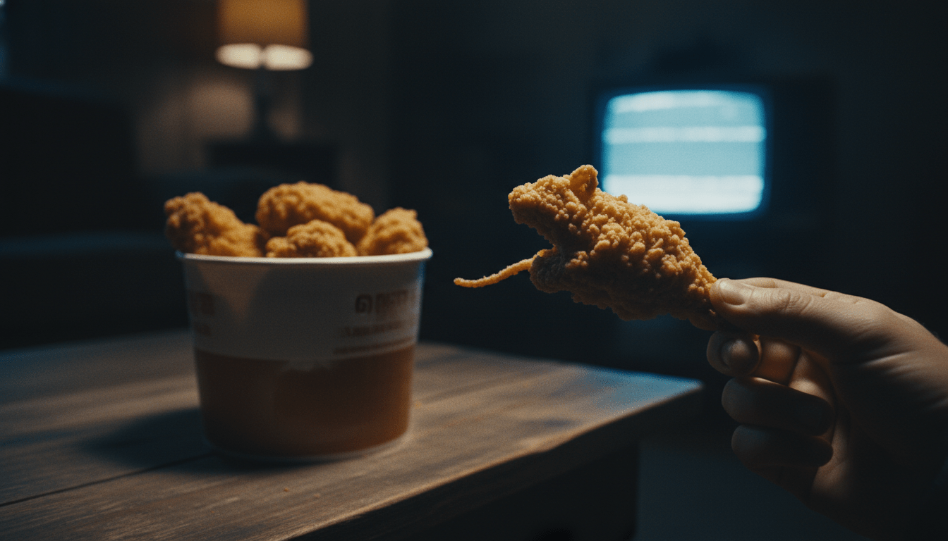 Representación visual de la leyenda urbana de la rata frita en un cubo de pollo, ambientada en un salón oscuro de los años 70.