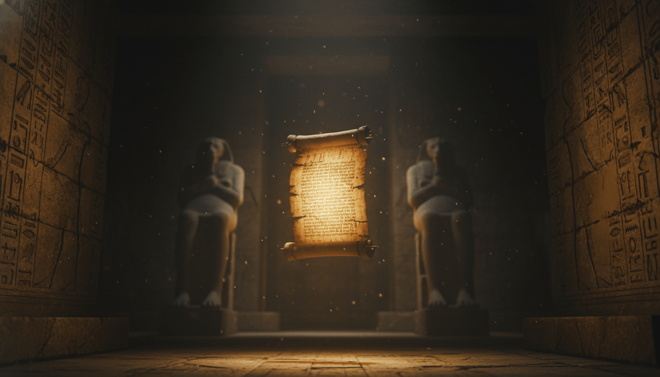 Ilustración cinematográfica del Libro de los Muertos egipcio iluminado en una tumba antigua frente a estatuas de dioses del inframundo.