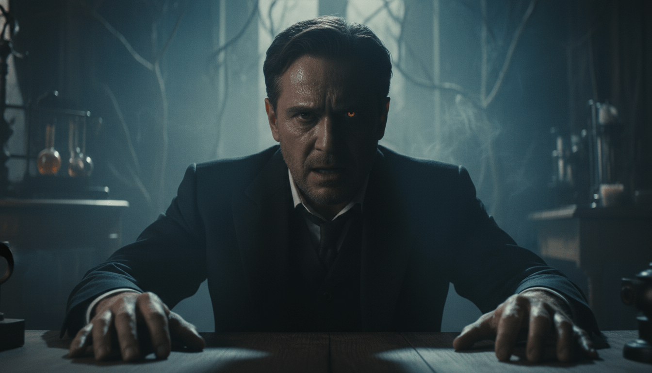 Representación artística de la licantropía clínica mostrando la dualidad entre el trastorno mental y el mito del hombre lobo en un entorno cinematográfico oscuro.