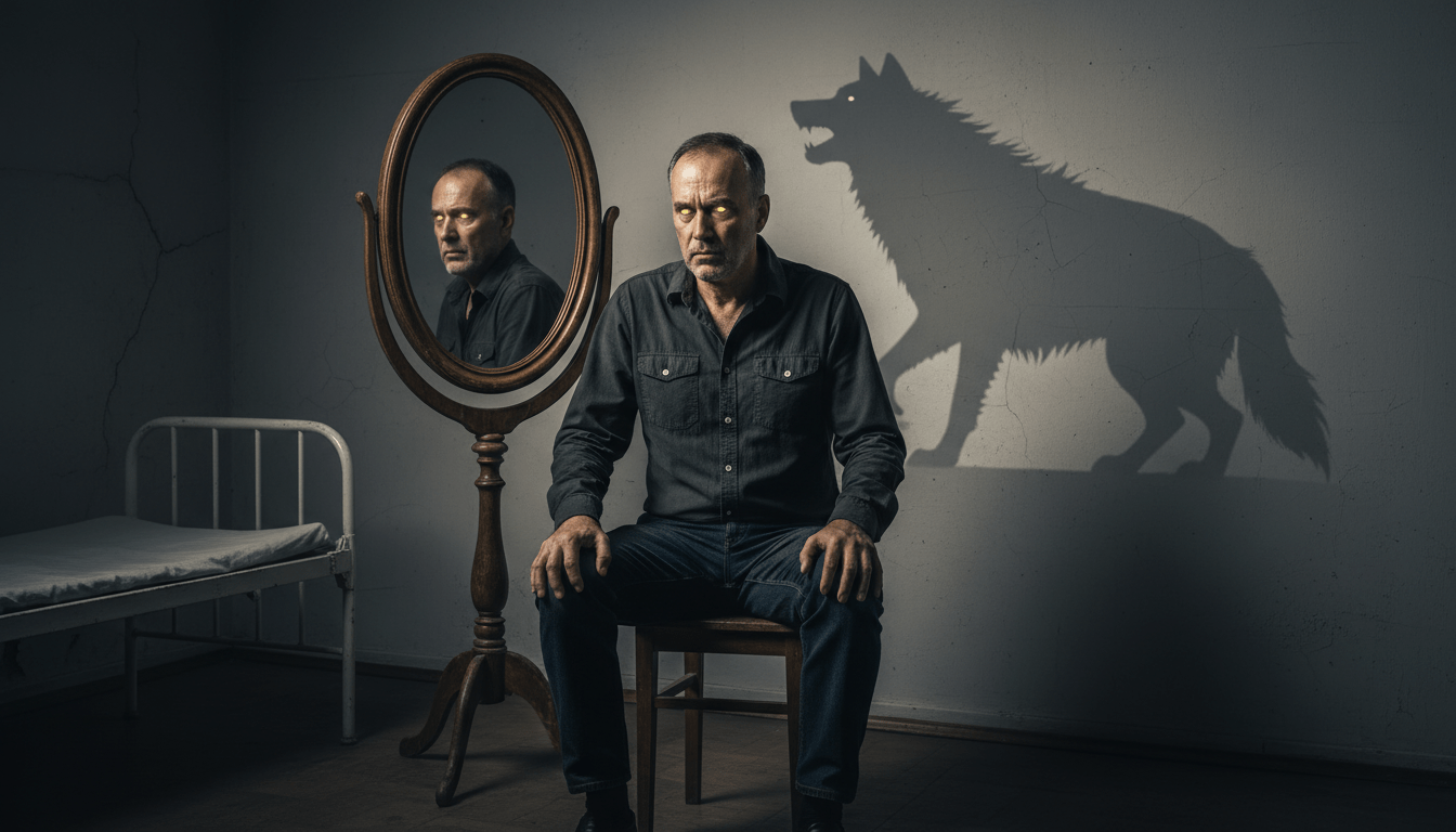 Representación artística de la licantropía clínica con un hombre mirando su reflejo sombrío y transformado en un espejo