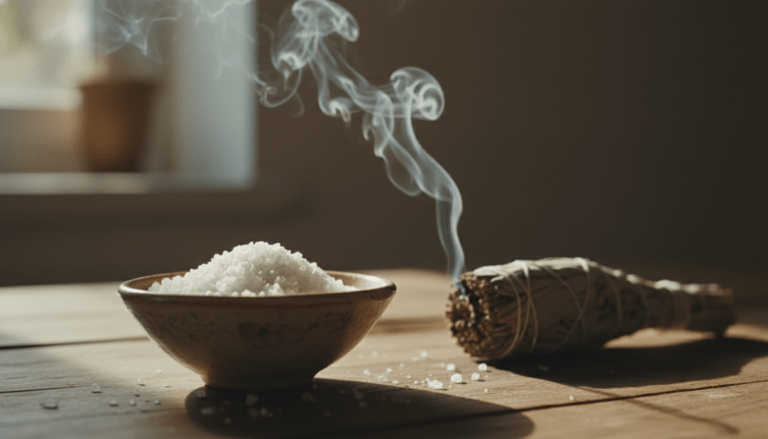 Limpieza energética de un hogar con cuenco de sal marina y humo de salvia blanca purificadora en ambiente sereno