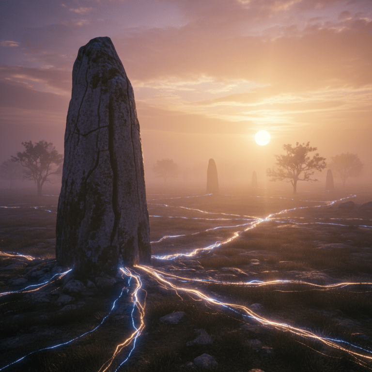 Representación visual de las líneas ley y el sistema de meridianos energéticos de la Tierra conectando monumentos megalíticos y puntos sagrados.