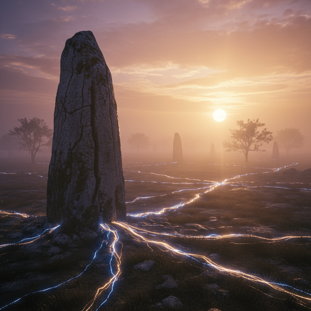 Representación visual de las líneas ley y el sistema de meridianos energéticos de la Tierra conectando monumentos megalíticos y puntos sagrados.