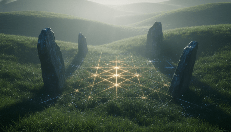 Paisaje místico con líneas de energía luminosas sobre el suelo conectando monumentos megalíticos, representando las líneas ley de la geosfera.