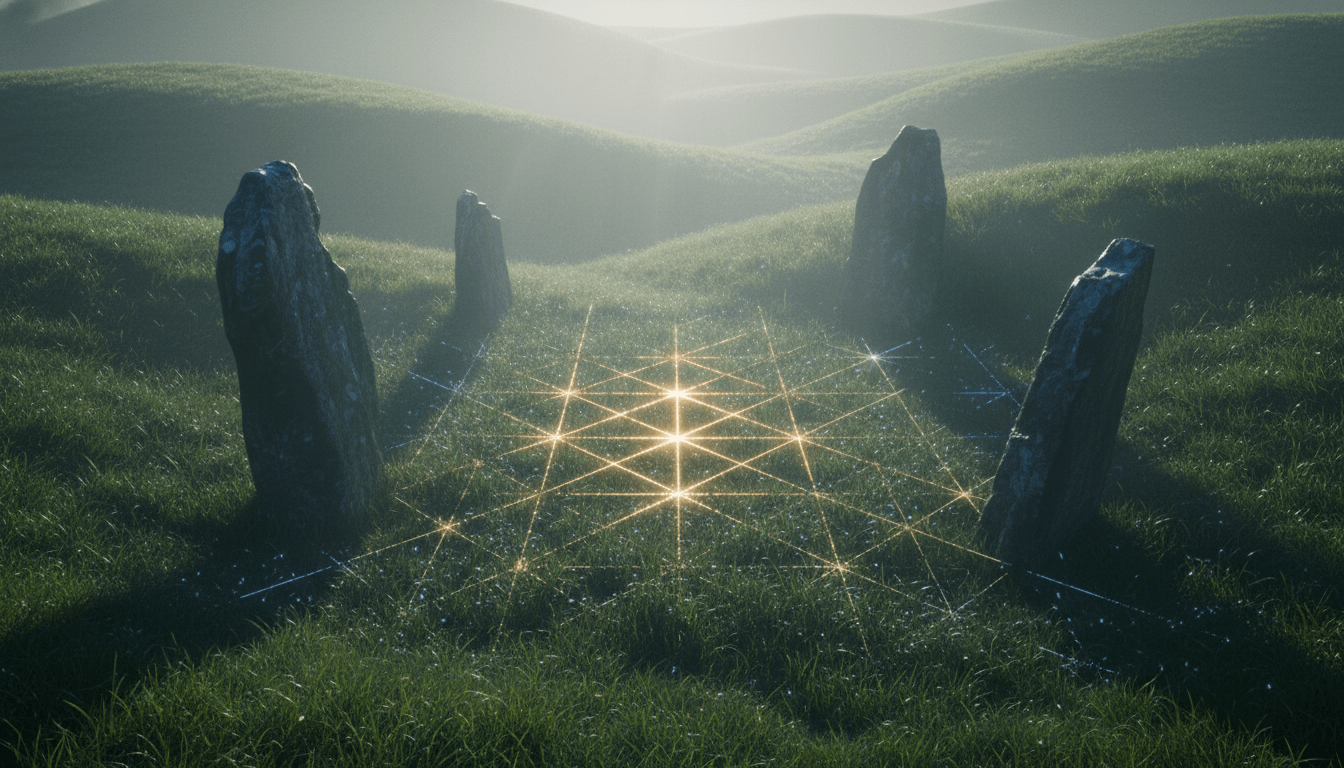 Paisaje místico con líneas de energía luminosas sobre el suelo conectando monumentos megalíticos, representando las líneas ley de la geosfera.