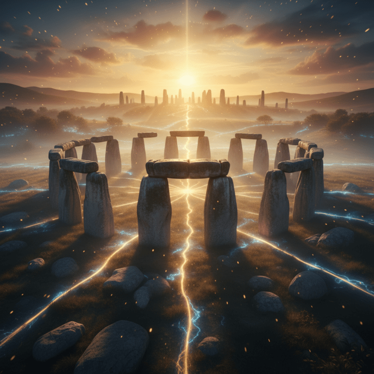 Representación visual de las líneas ley conectando monumentos antiguos con canales de energía dorada al atardecer.