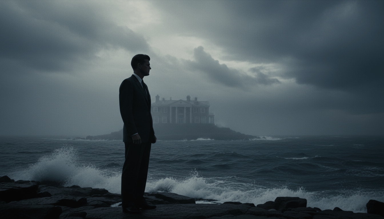 Retrato conceptual de la mansión Kennedy en Hyannis Port bajo un cielo tormentoso, simbolizando la tragedia y el legado del clan Kennedy.