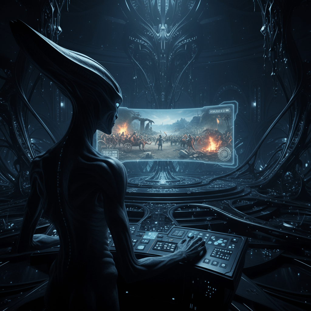 Ilustración conceptual de seres extraterrestres observando una guerra humana desde las sombras, representación de los Custodios de William Bramley.