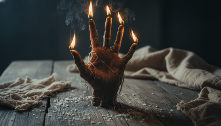 Mano de la Gloria momificada con los dedos encendidos como velas, amuleto de magia negra utilizado por ladrones en los siglos XVII y XVIII.
