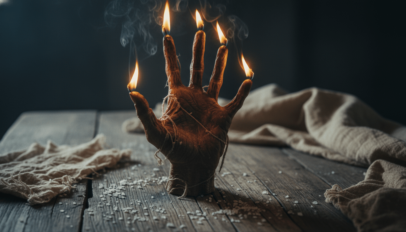 Mano de la Gloria momificada con los dedos encendidos como velas, amuleto de magia negra utilizado por ladrones en los siglos XVII y XVIII.