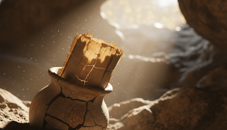 Códice de papiro antiguo en una vasija de barro dentro de una cueva, representando el hallazgo de los textos de Nag Hammadi.