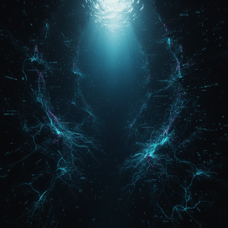 Representación visual de Mariana's Web como un abismo digital profundo con capas de datos bioluminiscentes bajo el océano de internet.