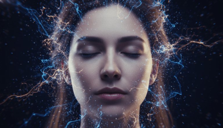 Persona en meditación profunda rodeada de ondas de luz que representan estados alterados de conciencia y frecuencias cerebrales Theta.