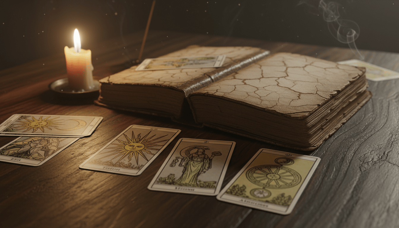Libro antiguo y cartas de los 22 Arcanos Mayores del Tarot iluminados por velas en ambiente místico.