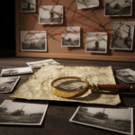 Mesa de trabajo de un investigador con lupa, mapas y conexiones de hilos rojos para análisis de hallazgos.