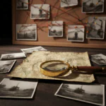Mesa de trabajo de un investigador con lupa, mapas y conexiones de hilos rojos para análisis de hallazgos.