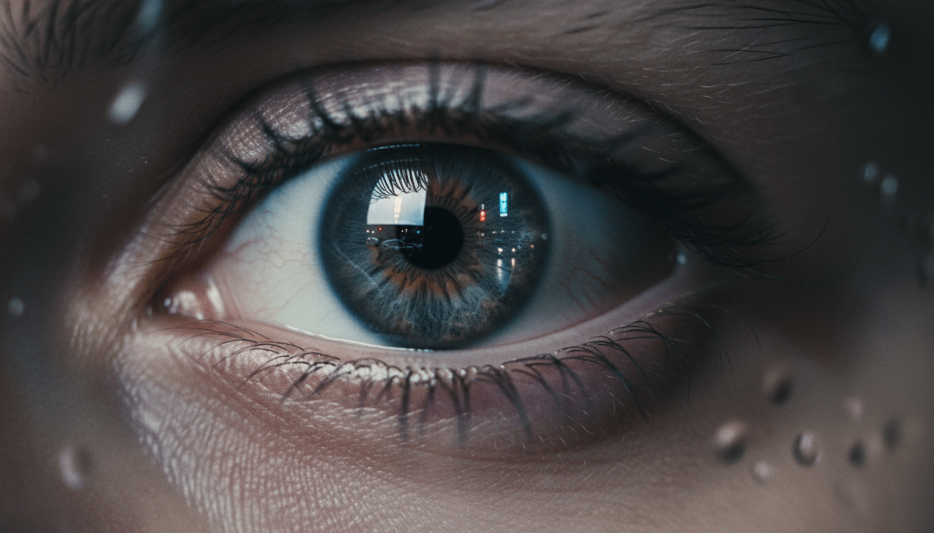 Primer plano de un ojo humano analizando un entorno urbano nocturno, representando la observación consciente y el análisis de inteligencia.