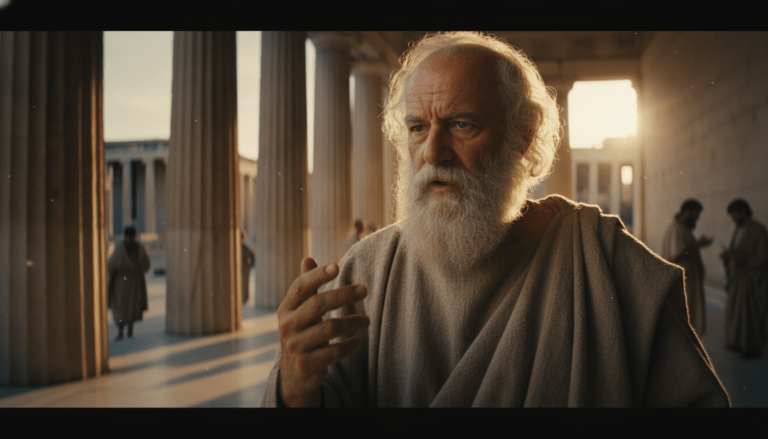 Representación artística de Sócrates en el Ágora de Atenas practicando el método de indagación dialéctica.