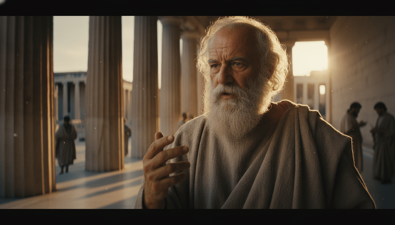 Representación artística de Sócrates en el Ágora de Atenas practicando el método de indagación dialéctica.