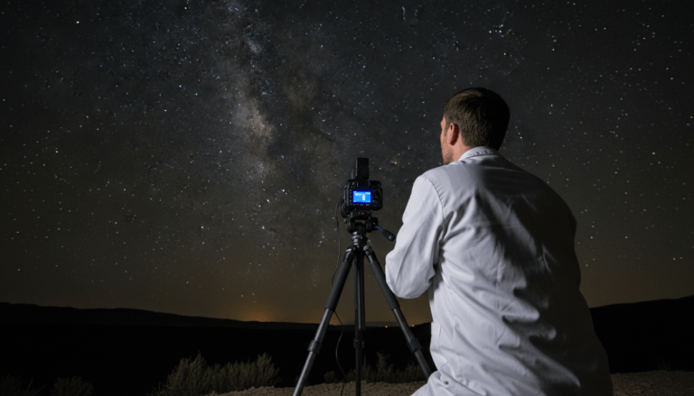 Investigador científico utilizando equipos de alta tecnología para la observación técnica de fenómenos aéreos no identificados durante la noche.