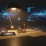 Escritorio de investigación con documentos, brújula y pantallas de datos simbolizando la síntesis de información y el umbral de la verdad.