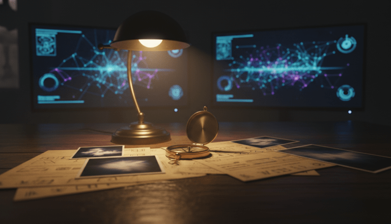 Escritorio de investigación con documentos, brújula y pantallas de datos simbolizando la síntesis de información y el umbral de la verdad.