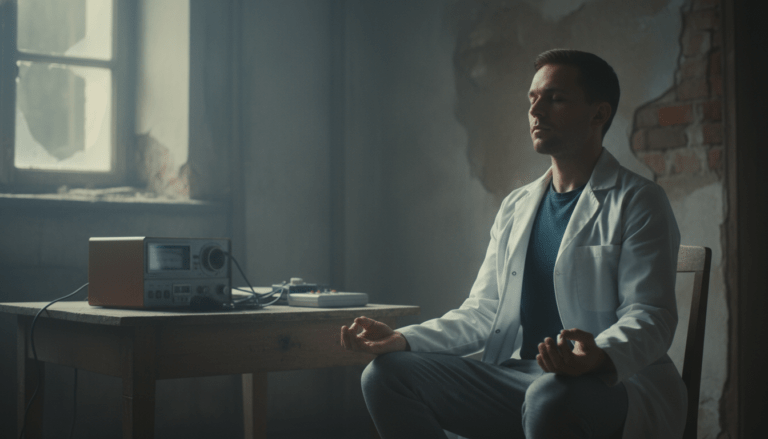 Investigador de campo practicando mindfulness en un entorno misterioso para calibrar sus sentidos ante fenómenos anómalos.
