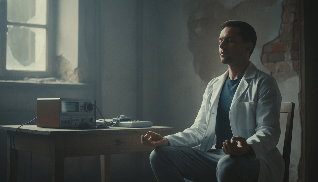 Investigador de campo practicando mindfulness en un entorno misterioso para calibrar sus sentidos ante fenómenos anómalos.