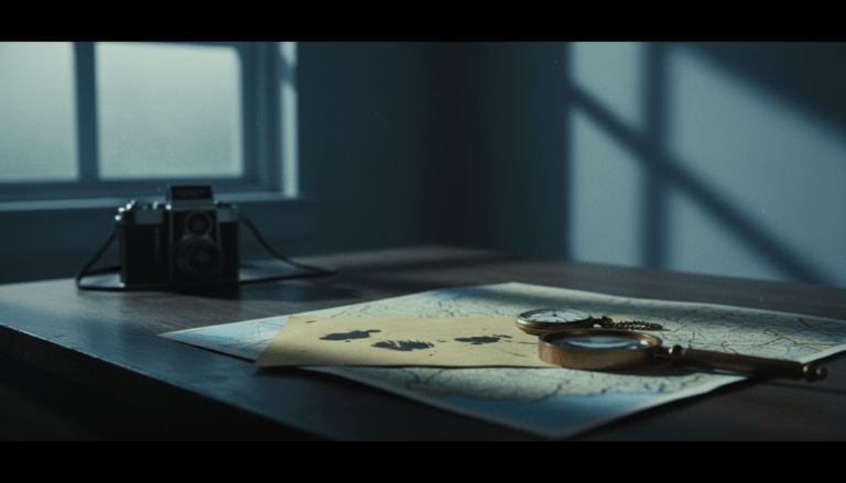 Escritorio de investigación criminal de los años 60 con objetos de misterio bajo una iluminación dramática en California.