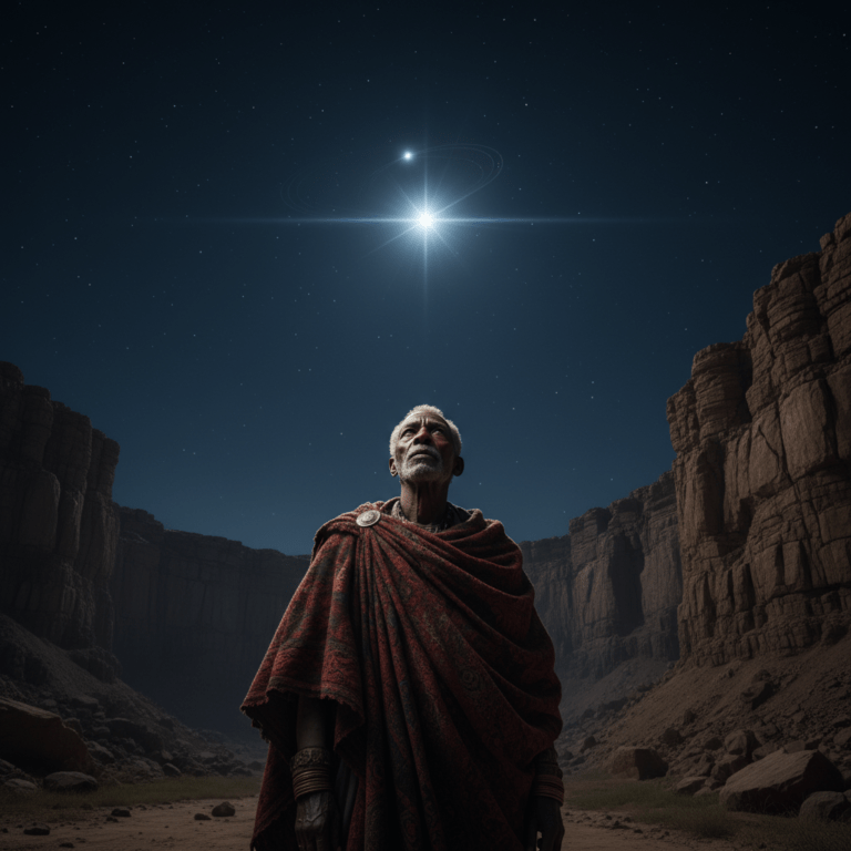 Sacerdote Dogon contemplando el firmamento con la estrella Sirio B en los acantilados de Bandiagara, Malí