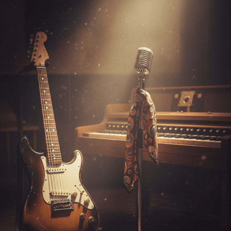 Composición cinematográfica de instrumentos musicales vintage en un estudio oscuro, representando el legado de los artistas del Club de los 27.