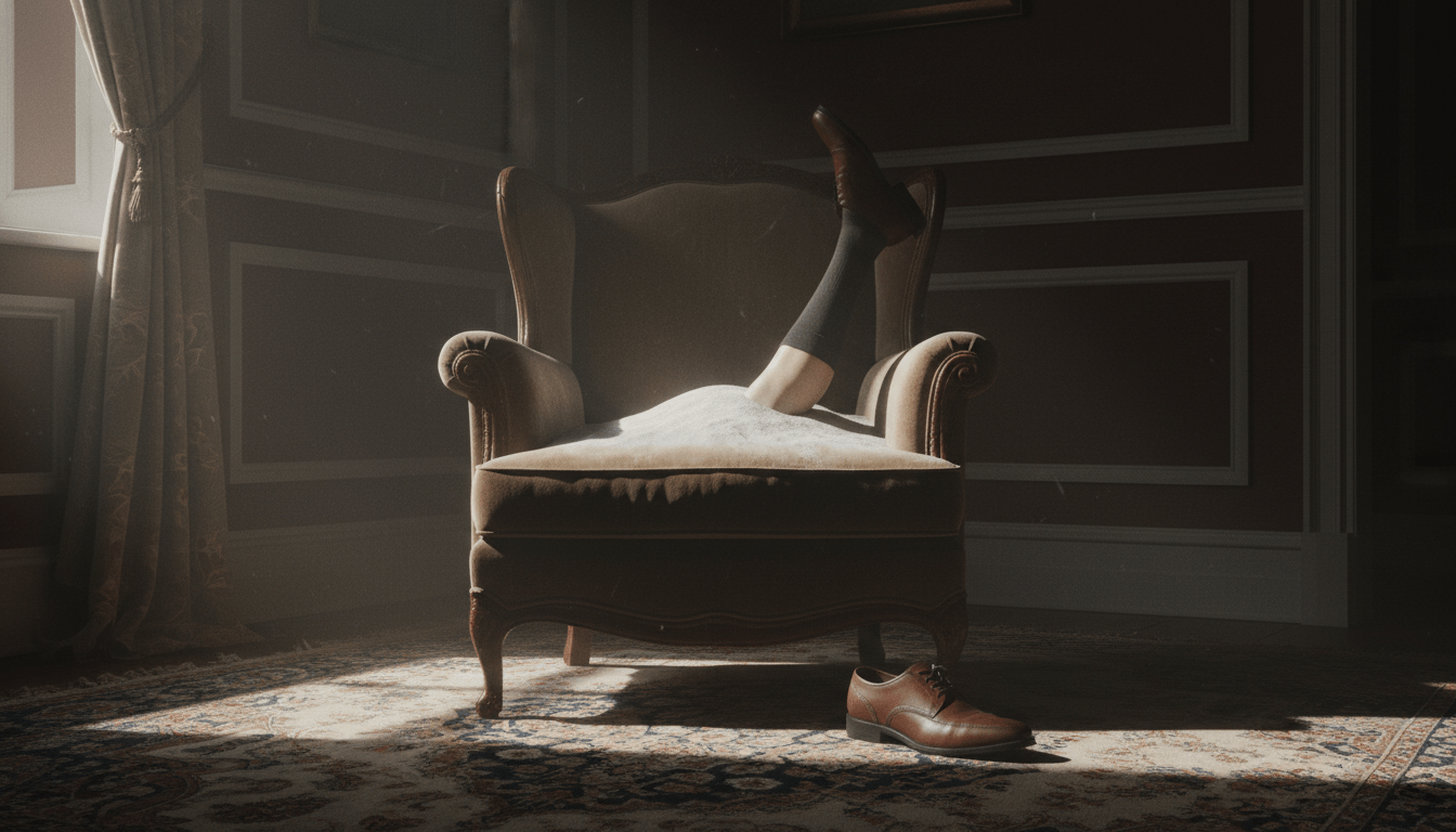 Representación visual del fenómeno de combustión humana espontánea con cenizas blancas en un sillón y una pierna intacta.