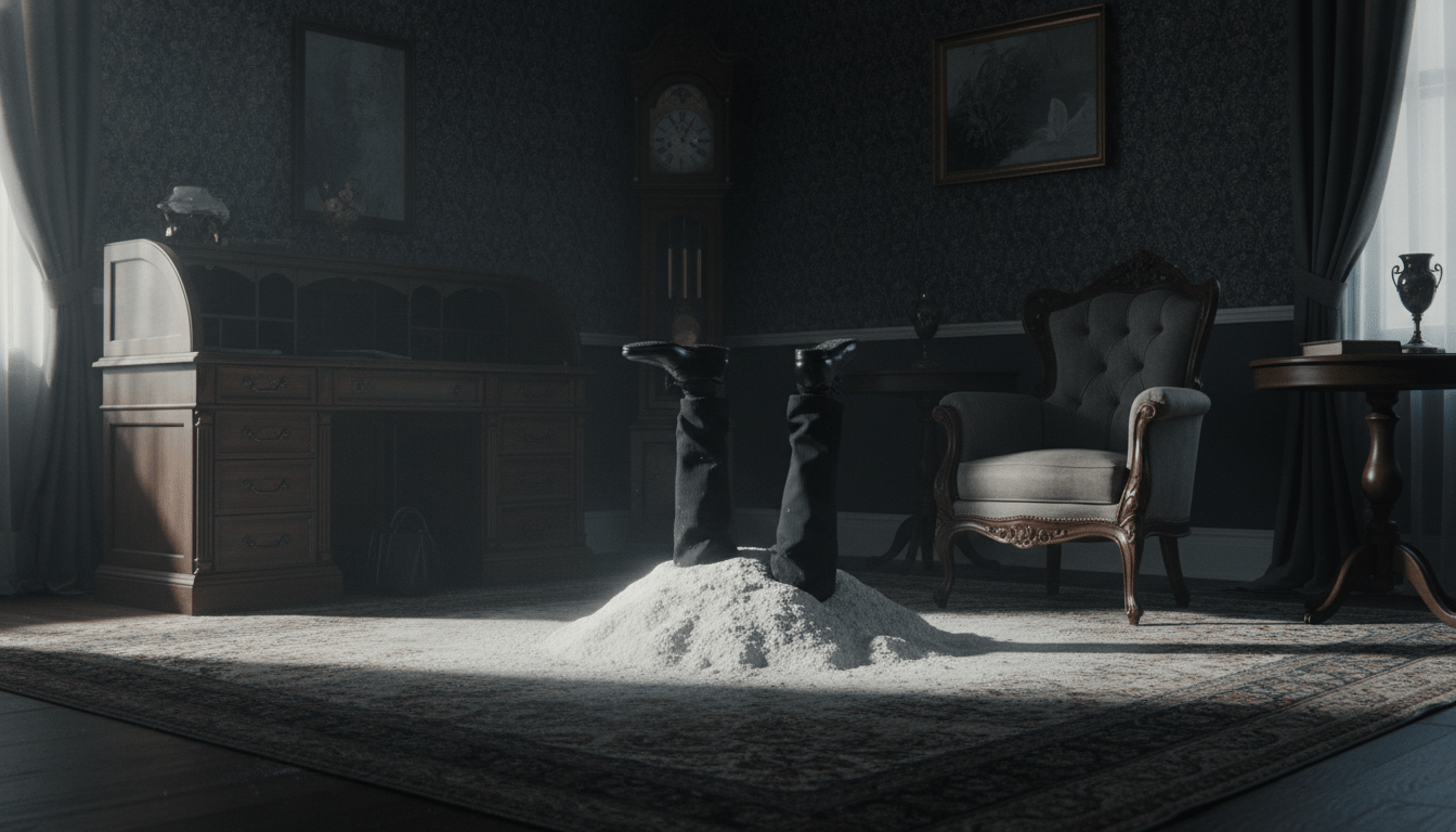 Representación artística de la combustión humana espontánea con cenizas blancas y calzado intacto en una habitación sin daños de fuego.