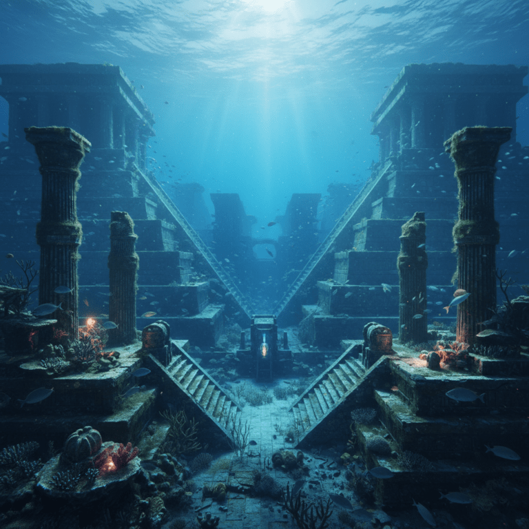 Ruinas submarinas de la Atlántida bajo el océano Atlántico mostrando arquitectura antigua y tecnología perdida.