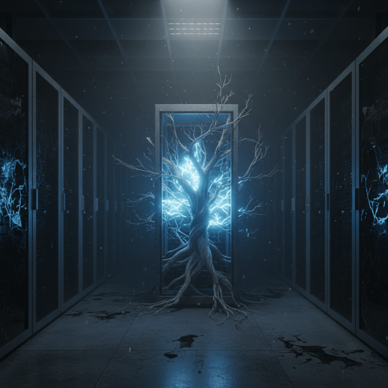 Representación artística conceptual del misterio digital Proyecto A858 con servidores iluminados y cables de datos en la oscuridad.