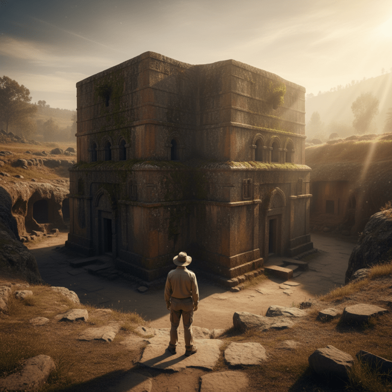 Investigador frente a iglesia tallada en la roca en Etiopía, búsqueda del Arca de la Alianza