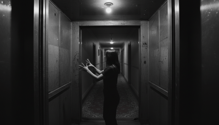 Recreación cinematográfica del misterioso ascensor del Hotel Cecil en Los Ángeles, ambiente oscuro y suspense.