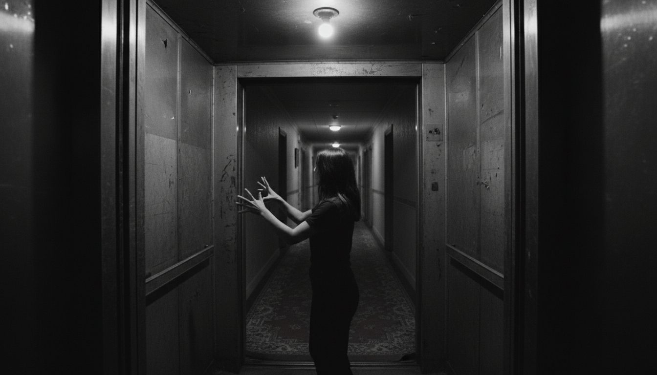 Recreación cinematográfica del misterioso ascensor del Hotel Cecil en Los Ángeles, ambiente oscuro y suspense.