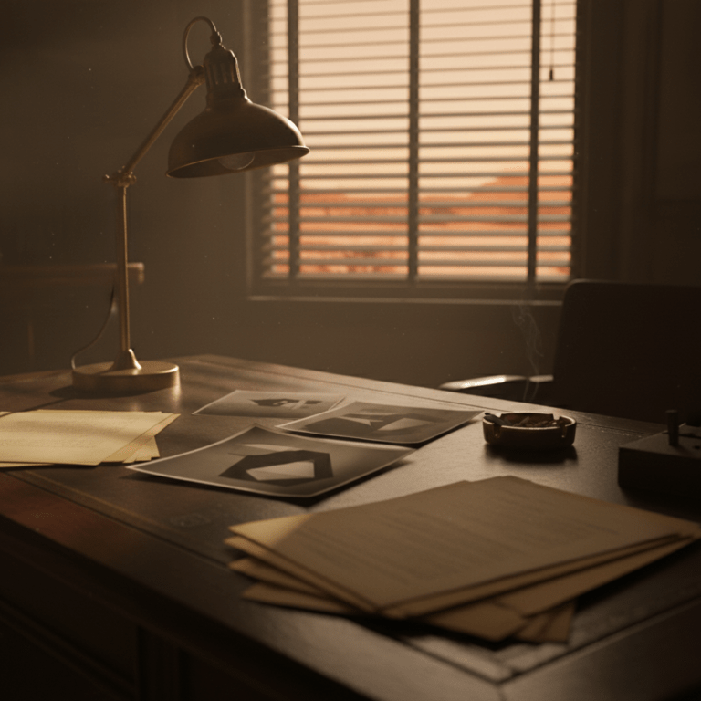 Documentos clasificados y fotografías antiguas sobre el incidente de Roswell y el grupo Majestic-12 en una oficina militar de 1947.