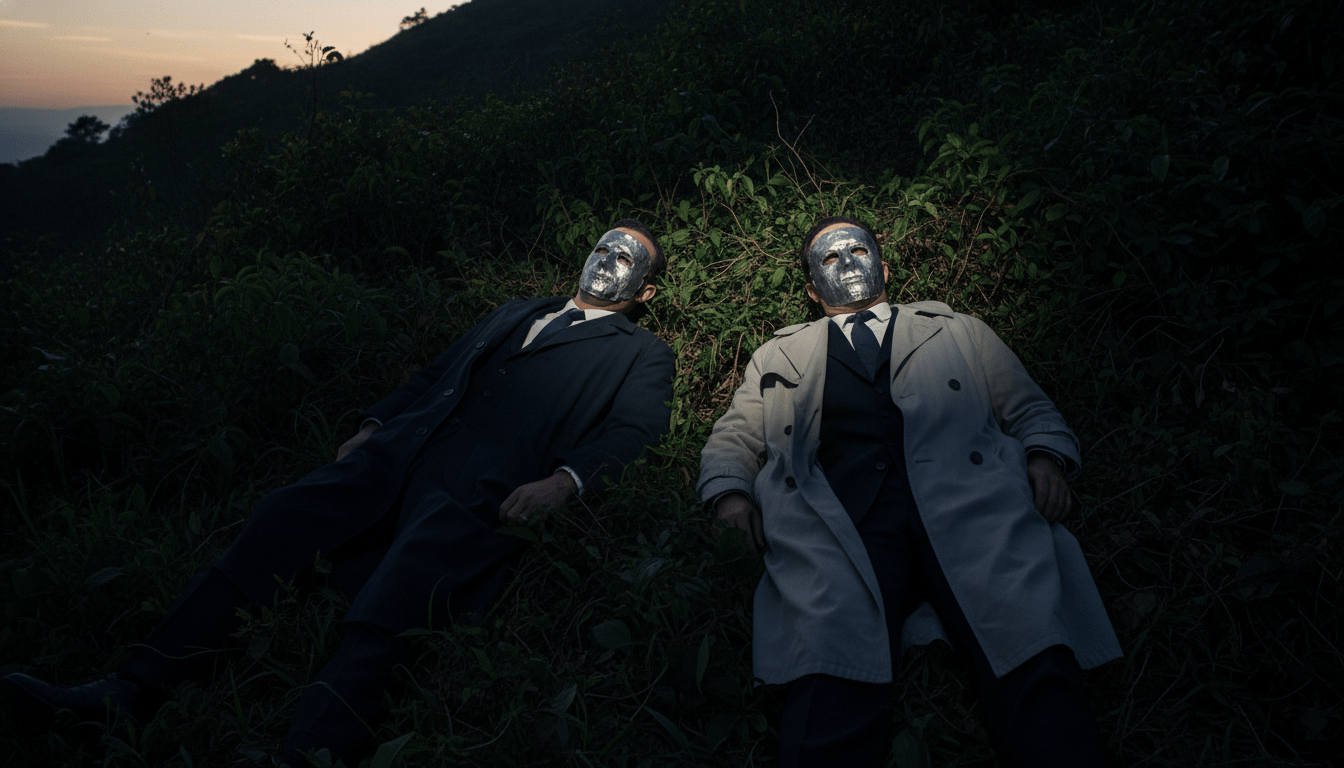 Recreación histórica del hallazgo de los hombres con máscaras de plomo en el cerro del Vintém, Brasil 1966